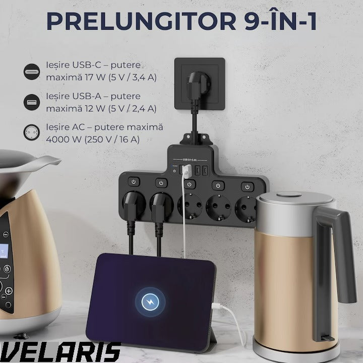 Multipriza cu 4 prize Schuko, 4 porturi USB, control individual, 4000W, extensie electrica pentru birou si acasa