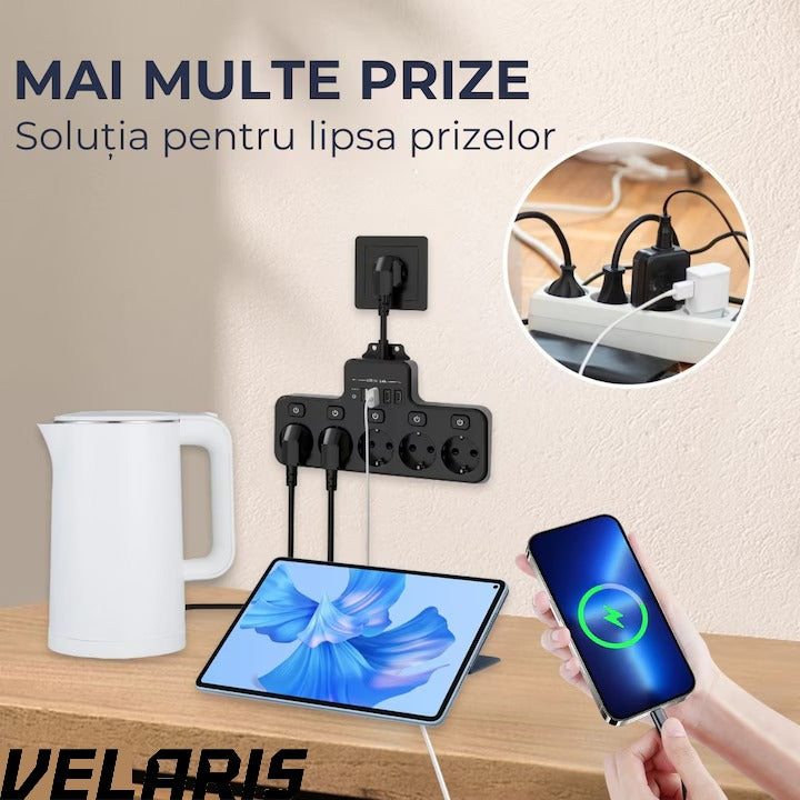 Multipriza cu 4 prize Schuko, 4 porturi USB, control individual, 4000W, extensie electrica pentru birou si acasa
