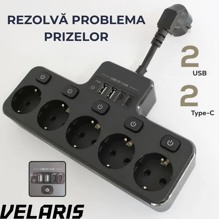 Multipriza cu 4 prize Schuko, 4 porturi USB, control individual, 4000W, extensie electrica pentru birou si acasa