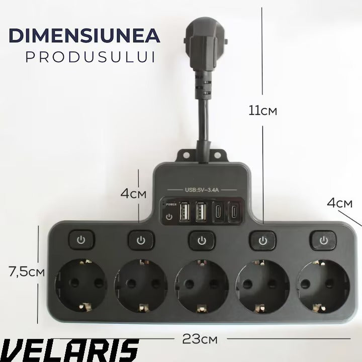 Multipriza cu 4 prize Schuko, 4 porturi USB, control individual, 4000W, extensie electrica pentru birou si acasa