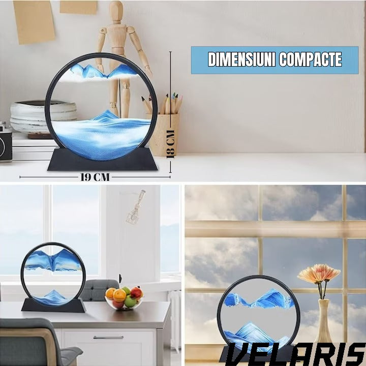 Obiect decorativ cu efect 3D din nisip, masa rotativa 360°, baza din plastic, sticla si nisip, 18x19 cm, Albastru