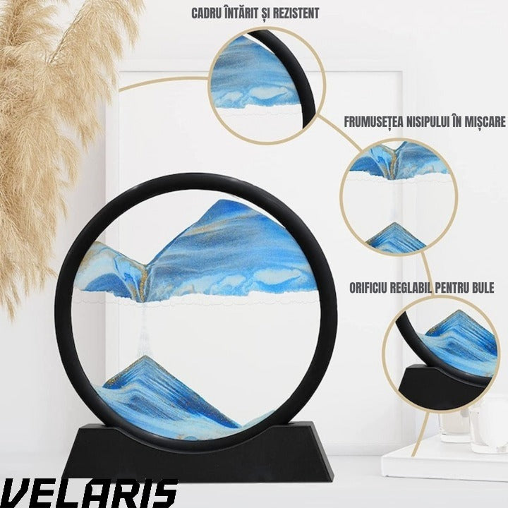 Obiect decorativ cu efect 3D din nisip, masa rotativa 360°, baza din plastic, sticla si nisip, 18x19 cm, Albastru