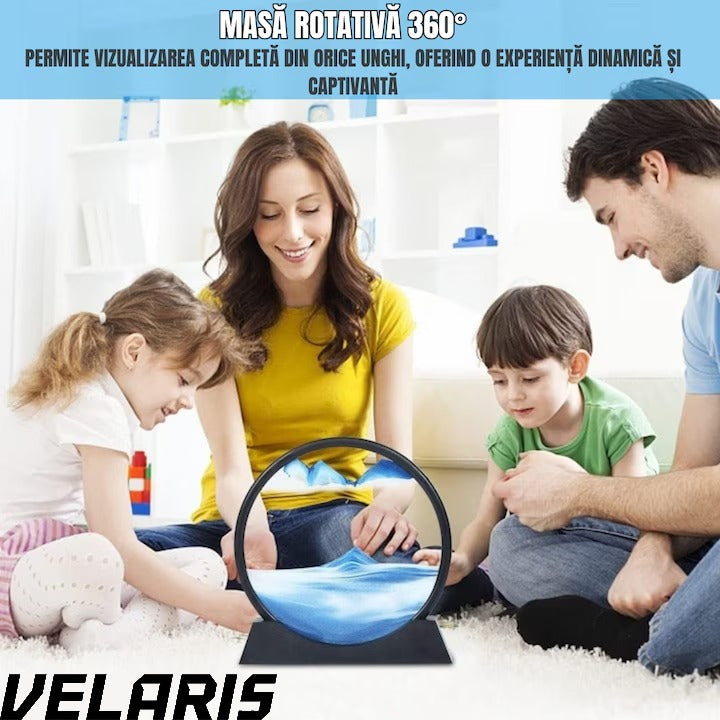 Obiect decorativ cu efect 3D din nisip, masa rotativa 360°, baza din plastic, sticla si nisip, 18x19 cm, Albastru