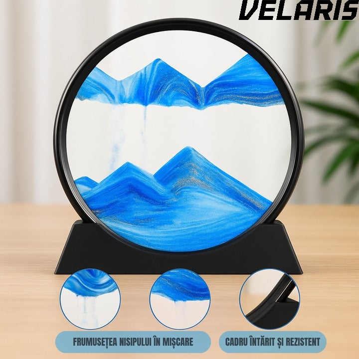 Obiect decorativ cu efect 3D din nisip, masa rotativa 360°, baza din plastic, sticla si nisip, 18x19 cm, Albastru