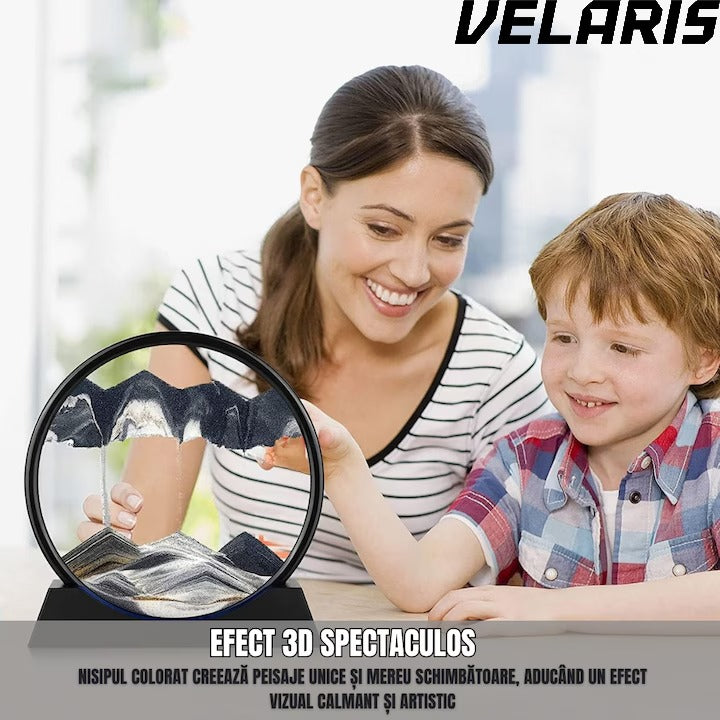 Obiect decorativ cu efect 3D din nisip, masa rotativa 360°, baza din plastic, sticla si nisip, 18x19 cm, Negru