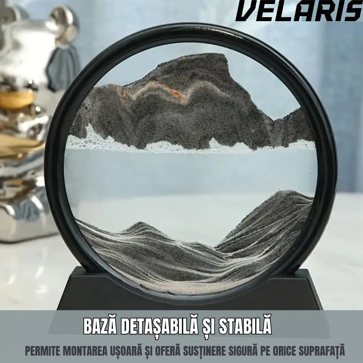 Obiect decorativ cu efect 3D din nisip, masa rotativa 360°, baza din plastic, sticla si nisip, 18x19 cm, Negru