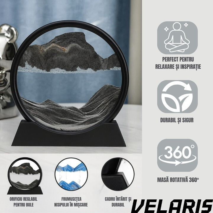 Obiect decorativ cu efect 3D din nisip, masa rotativa 360°, baza din plastic, sticla si nisip, 18x19 cm, Negru