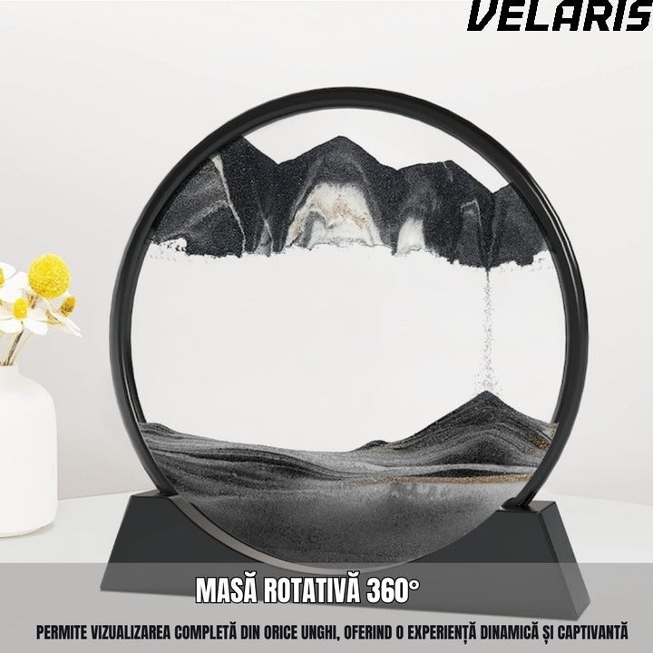 Obiect decorativ cu efect 3D din nisip, masa rotativa 360°, baza din plastic, sticla si nisip, 18x19 cm, Negru