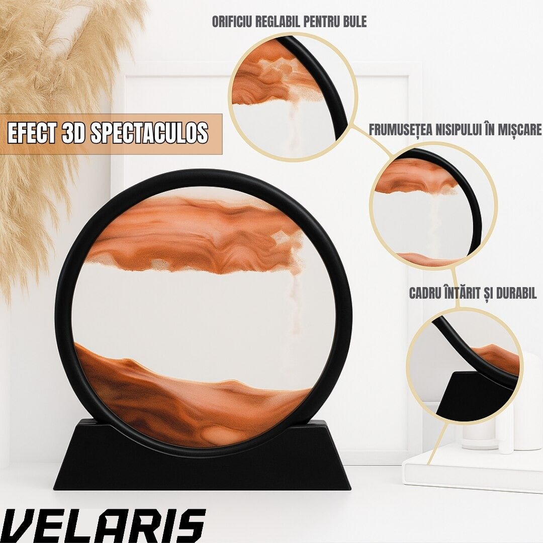 Obiect decorativ cu efect 3D din nisip, masa rotativa 360°, baza din plastic, sticla si nisip, 18x19 cm, Rosu