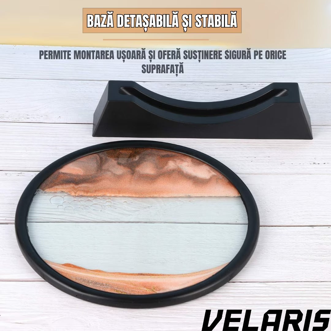 Obiect decorativ cu efect 3D din nisip, masa rotativa 360°, baza din plastic, sticla si nisip, 18x19 cm, Rosu