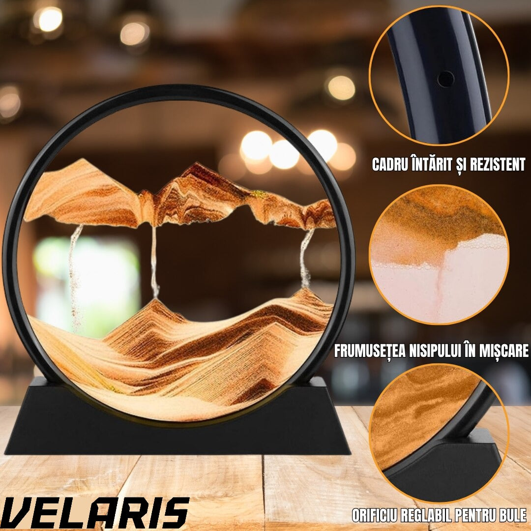 Obiect decorativ cu efect 3D din nisip, masa rotativa 360°, baza din plastic, sticla si nisip, 18x19 cm, Galben