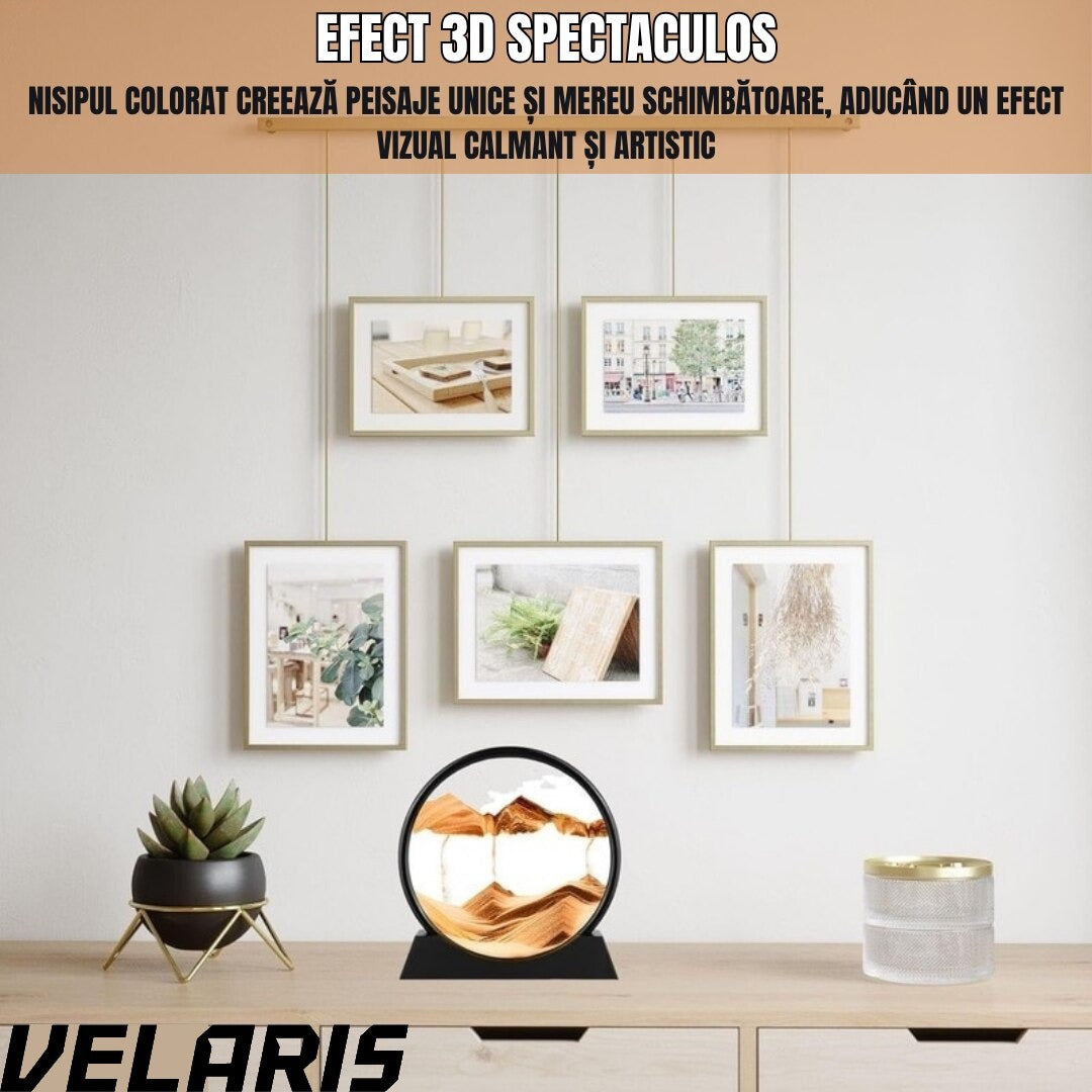 Obiect decorativ cu efect 3D din nisip, masa rotativa 360°, baza din plastic, sticla si nisip, 18x19 cm, Galben
