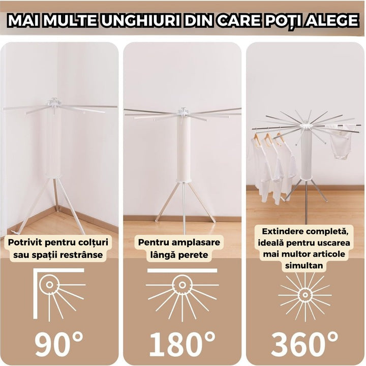 Uscător rufe tip caracatiță, 1 nivel rotativ rabatabil, picioare stabile, aluminiu, ideal spații mici