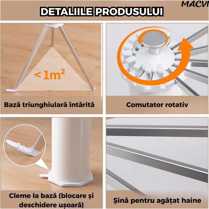 Uscător rufe tip caracatiță, 1 nivel rotativ rabatabil, picioare stabile, aluminiu, ideal spații mici