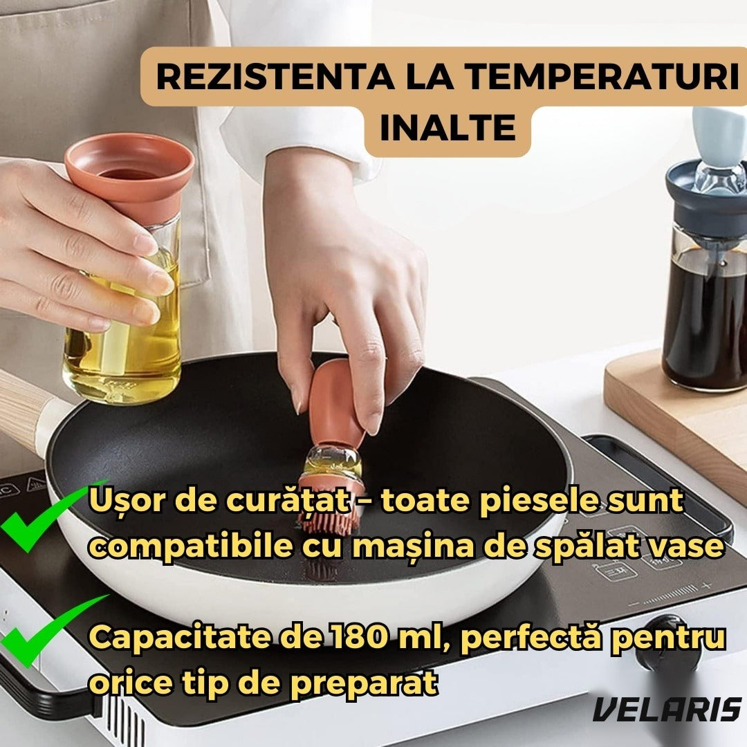 Sticlă pentru ulei cu pensulă din silicon, sticlă borosilicată, rezistentă până la 250°C, scală gradată, multicolor