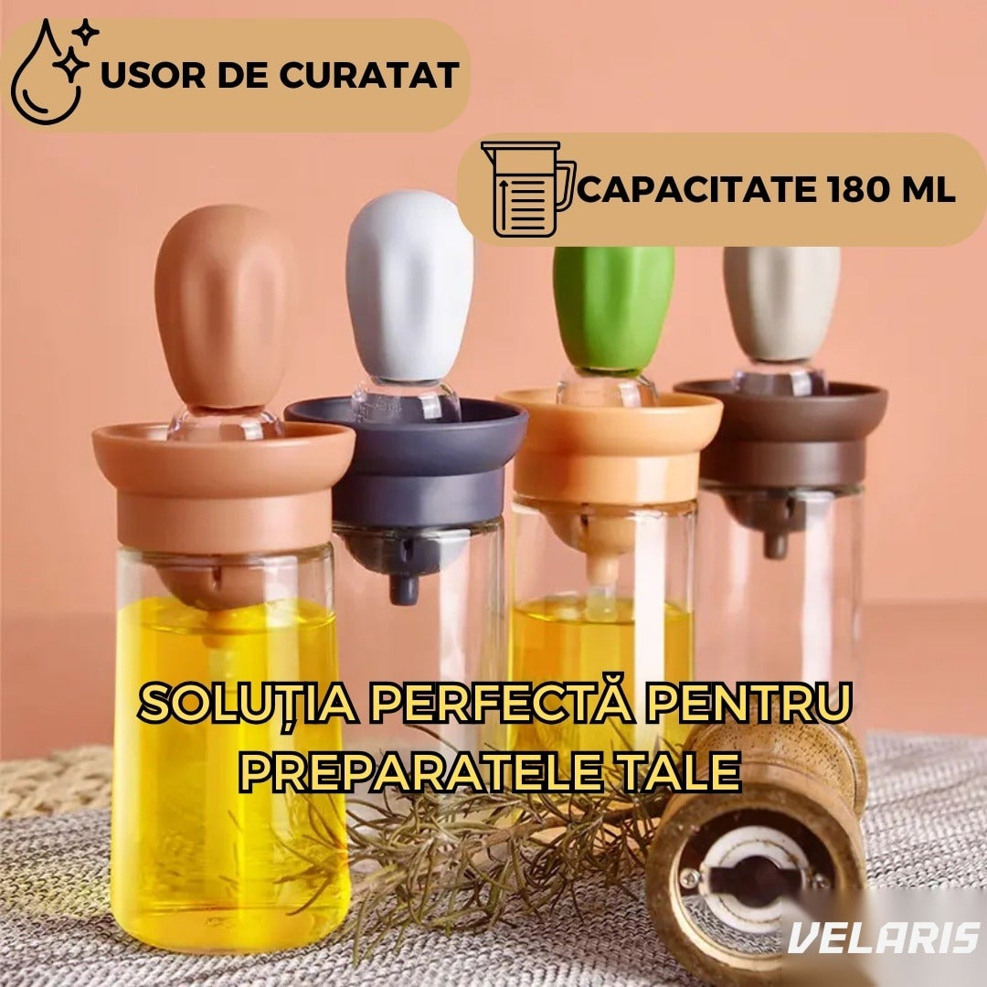 Sticlă pentru ulei cu pensulă din silicon, sticlă borosilicată, rezistentă până la 250°C, scală gradată, multicolor