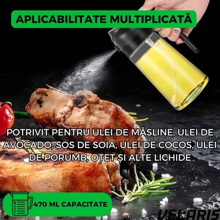 Dozator de ulei 2 în 1, 470 ml, spray și cioc de turnare, sticlă rezistentă la căldură