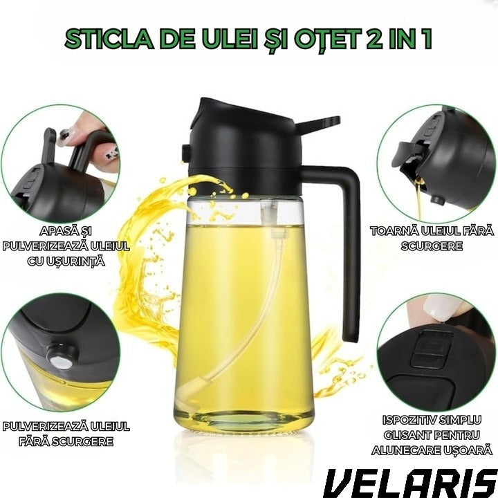 Dozator de ulei 2 în 1, 470 ml, spray și cioc de turnare, sticlă rezistentă la căldură