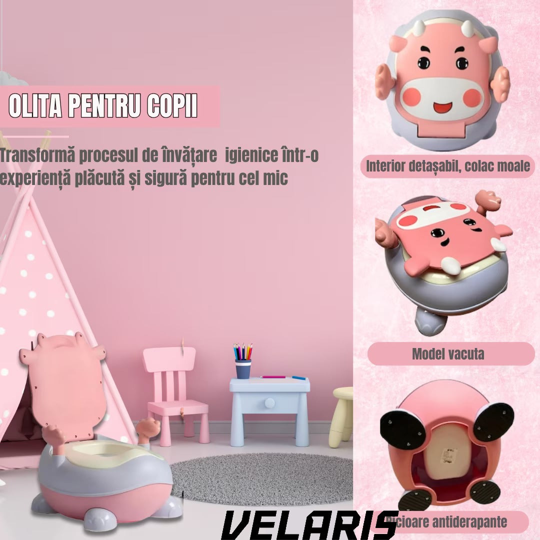 Olita pentru copii cu manere, interior detasabil, colac moale, anti-stropire, spatar ergonomic, margini rotunjite, material non-toxic, roz