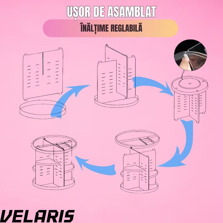 Organizator Cosmetice Rotativ 360°, Design Reglabil, 9 Compartimente Spatioase, Montare Rapida, Ideal pentru Machiaj si Produse de Ingrijire