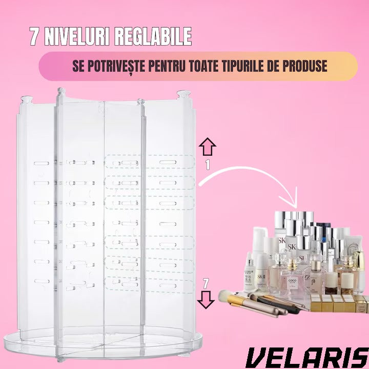 Organizator Cosmetice Rotativ 360°, Design Reglabil, 9 Compartimente Spatioase, Montare Rapida, Ideal pentru Machiaj si Produse de Ingrijire