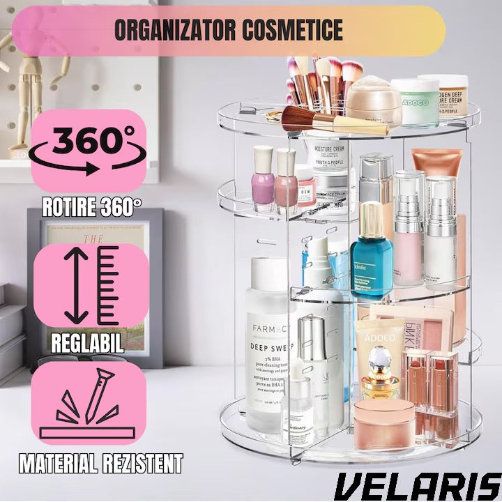 Organizator Cosmetice Rotativ 360°, Design Reglabil, 9 Compartimente Spatioase, Montare Rapida, Ideal pentru Machiaj si Produse de Ingrijire