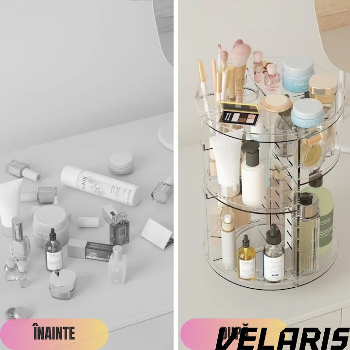 Organizator Cosmetice Rotativ 360°, Design Reglabil, 9 Compartimente Spatioase, Montare Rapida, Ideal pentru Machiaj si Produse de Ingrijire