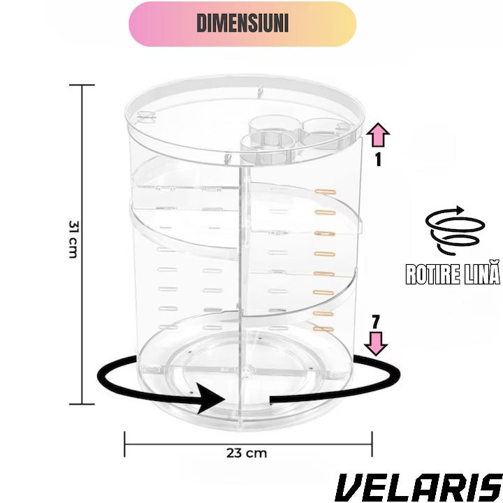 Organizator Cosmetice Rotativ 360°, Design Reglabil, 9 Compartimente Spatioase, Montare Rapida, Ideal pentru Machiaj si Produse de Ingrijire