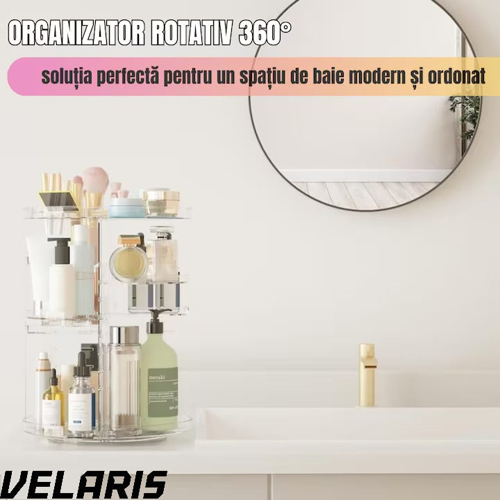 Organizator Cosmetice Rotativ 360°, Design Reglabil, 9 Compartimente Spatioase, Montare Rapida, Ideal pentru Machiaj si Produse de Ingrijire