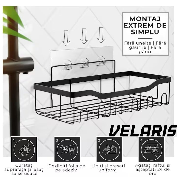 Organizator de dus din otel inoxidabil, montare adeziva fara gaurire, capacitate mare, rezistent la rugina, negru
