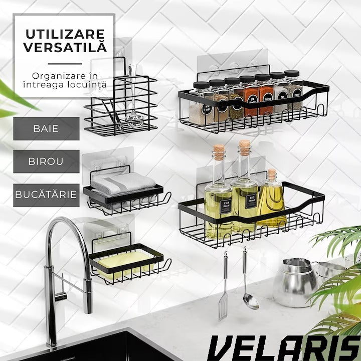 Organizator de dus din otel inoxidabil, montare adeziva fara gaurire, capacitate mare, rezistent la rugina, negru