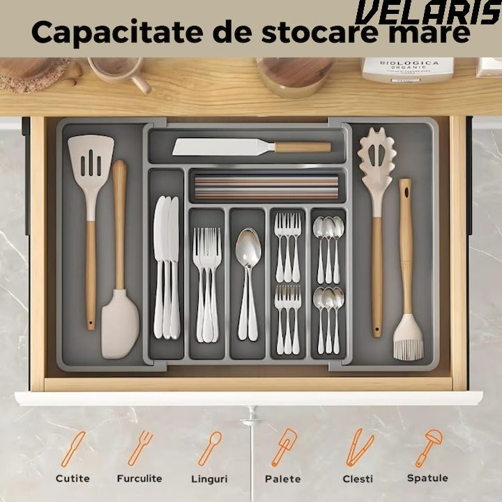Organizator extensibil 8 compartimente, pentru sertar, Sistem modular pentru tacamuri si ustensile de bucatarie, Gri
