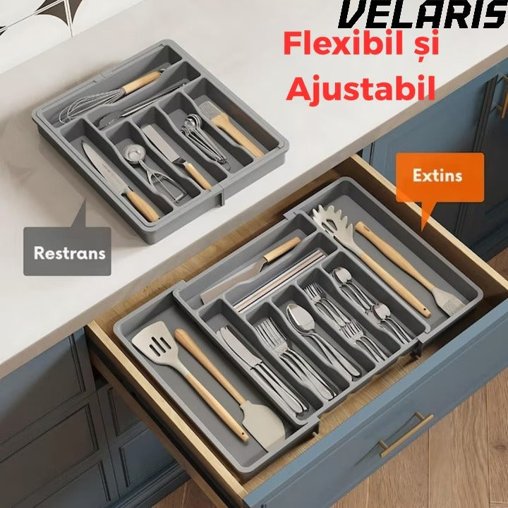 Organizator extensibil 8 compartimente, pentru sertar, Sistem modular pentru tacamuri si ustensile de bucatarie, Gri