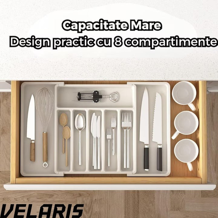 Organizator extensibil 8 compartimente, pentru sertar, Sistem modular pentru tacamuri si ustensile de bucatarie, Alb
