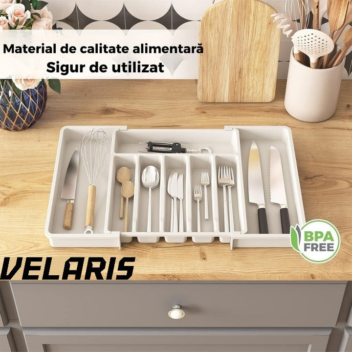 Organizator extensibil 8 compartimente, pentru sertar, Sistem modular pentru tacamuri si ustensile de bucatarie, Alb