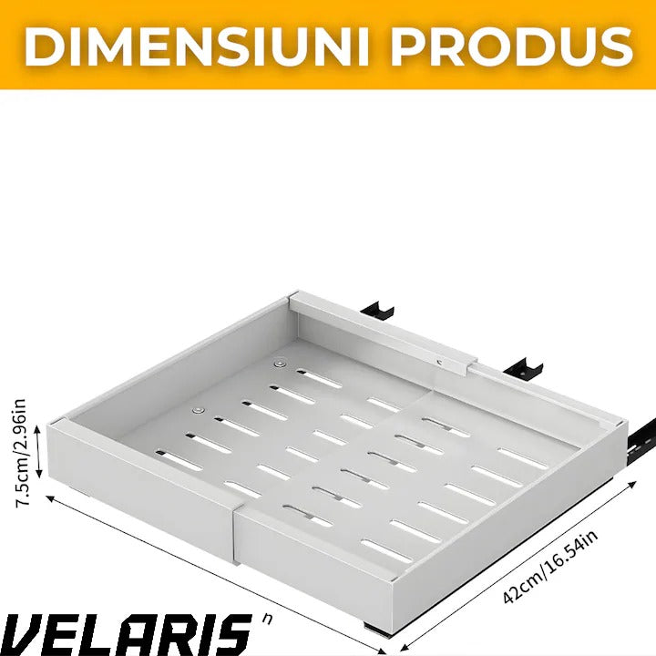 Organizator extensibil pentru dulapuri, metal, sertar glisant, montare adeziva, capacitate mare, alb