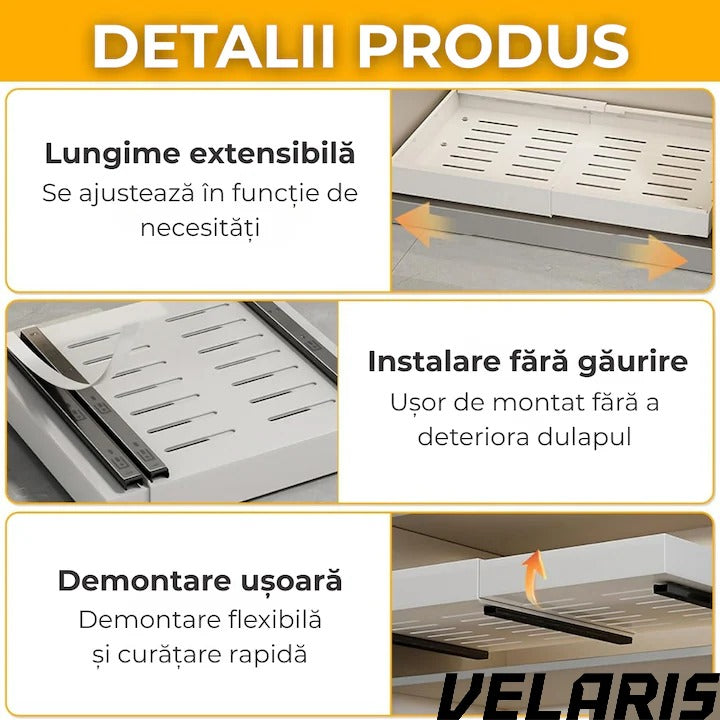 Organizator extensibil pentru dulapuri, metal, sertar glisant, montare adeziva, capacitate mare, alb
