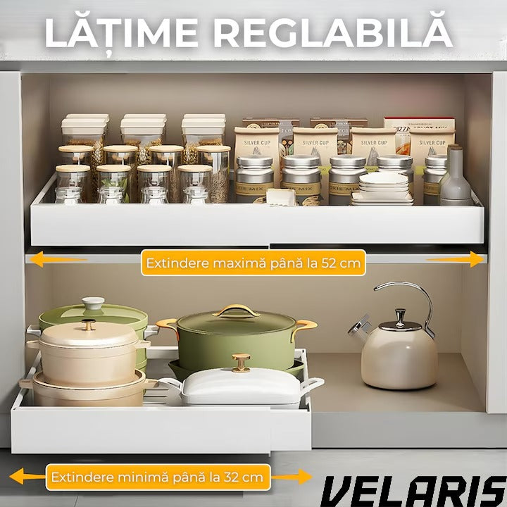 Organizator extensibil pentru dulapuri, metal, sertar glisant, montare adeziva, capacitate mare, alb
