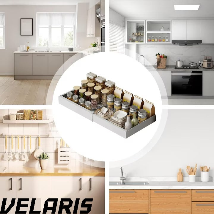 Organizator extensibil pentru dulapuri, metal, sertar glisant, montare adeziva, capacitate mare, alb