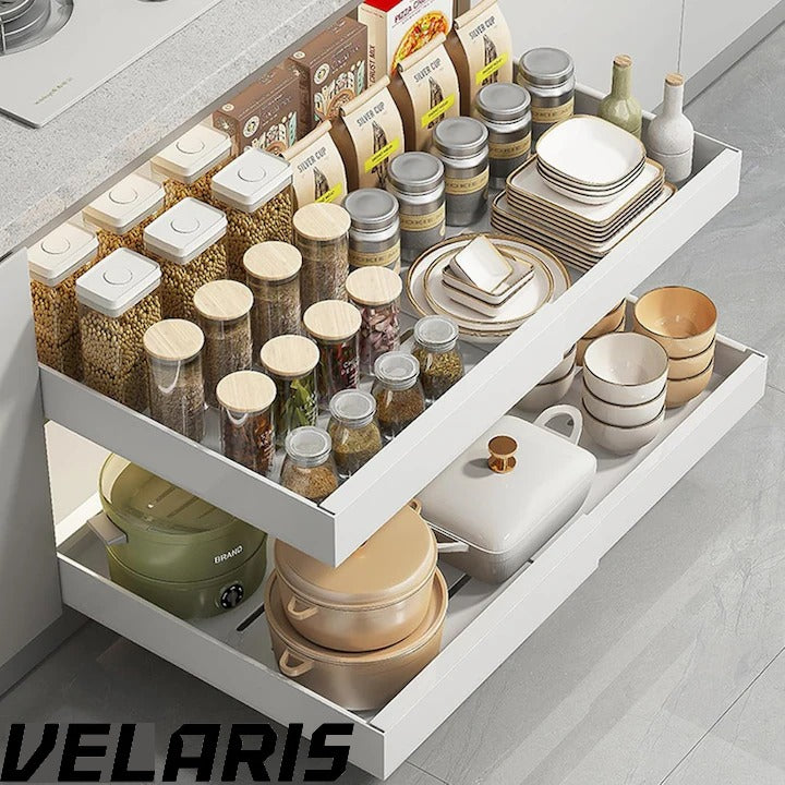Organizator extensibil pentru dulapuri, metal, sertar glisant, montare adeziva, capacitate mare, alb