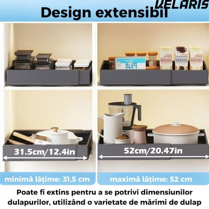 Organizator extensibil pentru dulapuri, metal, sertar glisant, montare adeziva, capacitate mare, gri