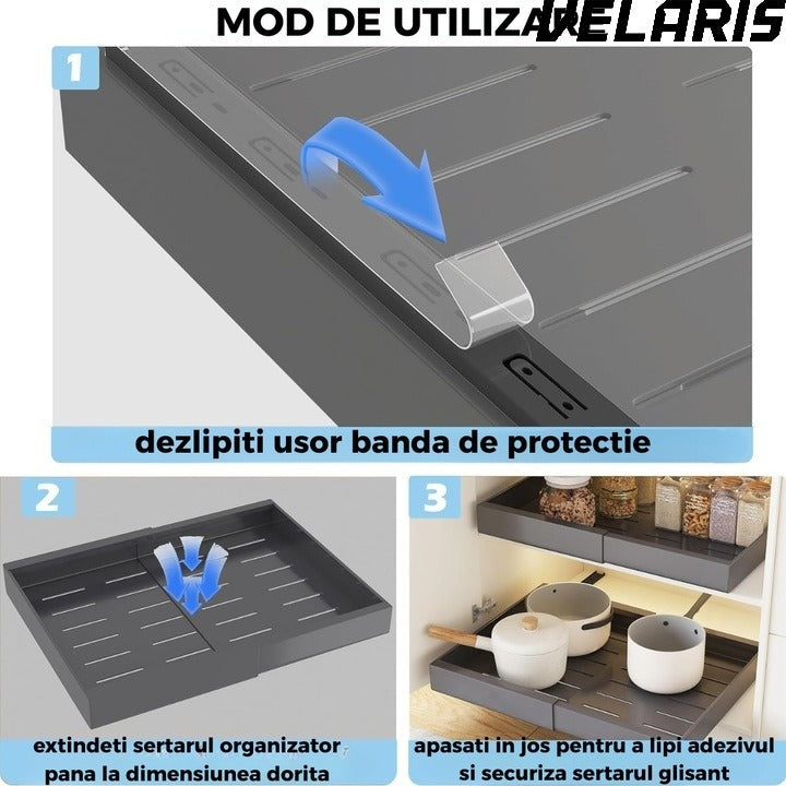 Organizator extensibil pentru dulapuri, metal, sertar glisant, montare adeziva, capacitate mare, gri
