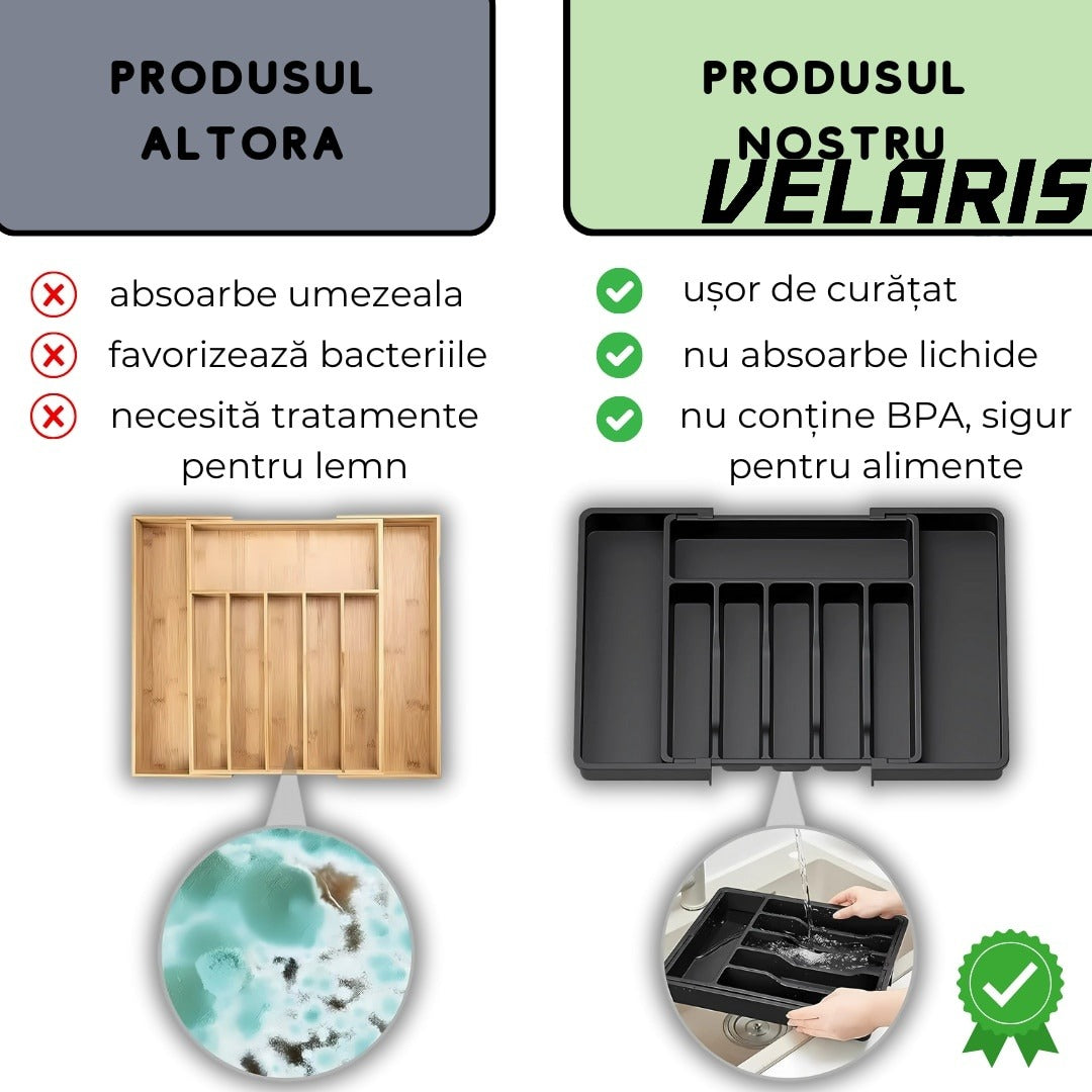 Organizator tacamuri sertar extensibil 8 compartimente bloc pentru cutite detasabil negru