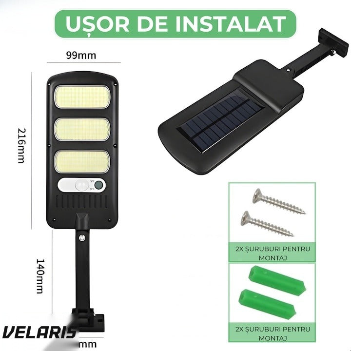 Lampă solară LED de perete, 150 COB, senzor mișcare, 2400mAh, IP65, 6500K, 120°