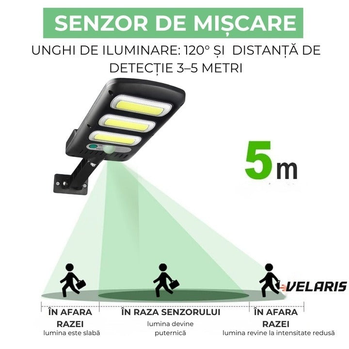 Lampă solară LED de perete, 150 COB, senzor mișcare, 2400mAh, IP65, 6500K, 120°