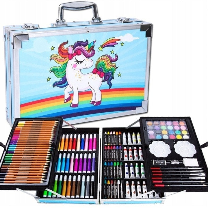 Set picturi și desen, 145 piese, cutie metal albastră, copii, 38x26x4cm