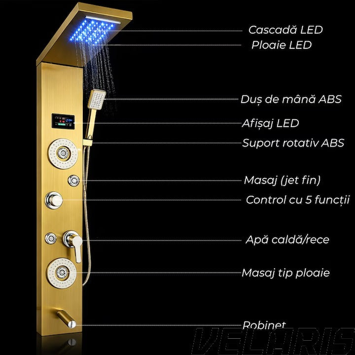 Panou dus hidromasaj 5 functii LED digital inox auriu satin 120 cm, afisaj temperatura anticalcar dus tip ploaie cascada, para mobila, jeturi masaj baie, premium