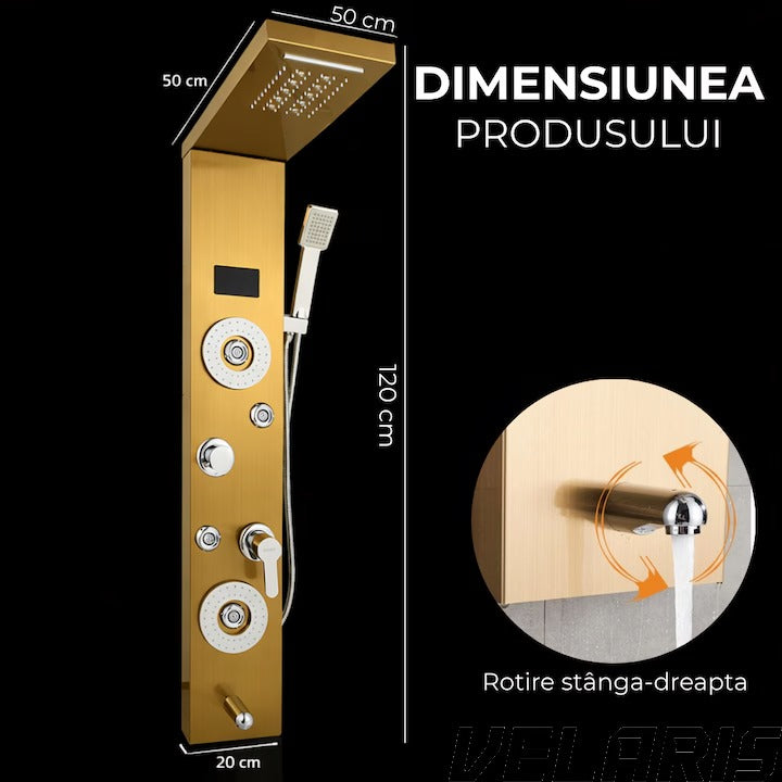 Panou dus hidromasaj 5 functii LED digital inox auriu satin 120 cm, afisaj temperatura anticalcar dus tip ploaie cascada, para mobila, jeturi masaj baie, premium