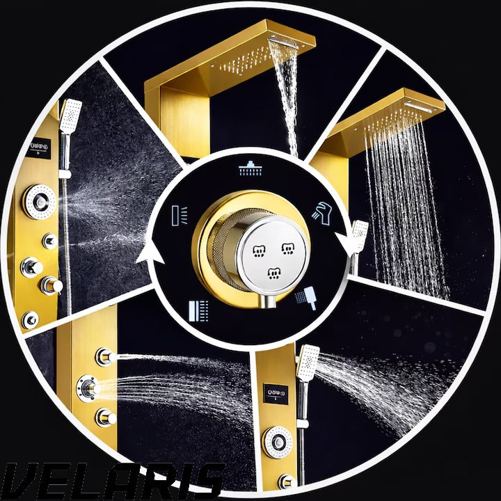 Panou dus hidromasaj 5 functii LED digital inox auriu satin 120 cm, afisaj temperatura anticalcar dus tip ploaie cascada, para mobila, jeturi masaj baie, premium