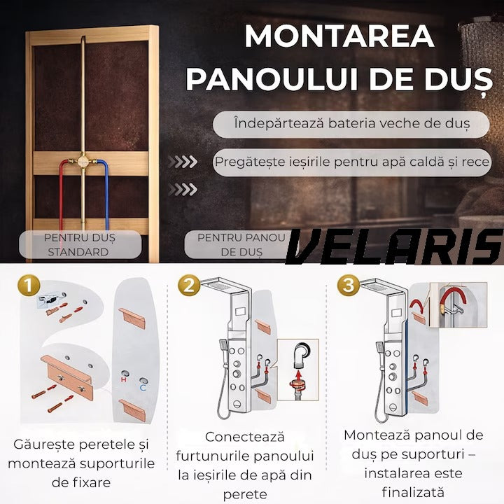Panou dus hidromasaj 5 functii LED digital inox auriu satin 120 cm, afisaj temperatura anticalcar dus tip ploaie cascada, para mobila, jeturi masaj baie, premium
